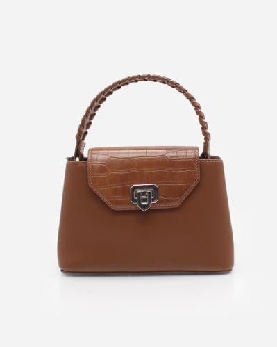 Women's khaki leather handbag with a decorative flap