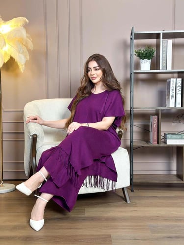 طقم شتوي قطعتين واسع بنفسجي مزين بهدب لإطلالة دافئ...