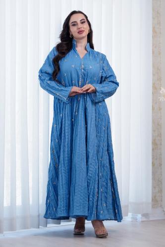 جلابية كويتية لون سماوي مزينة بتطريز وترتر