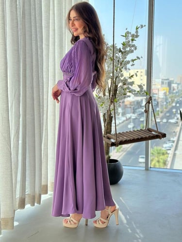 فستان سهرة مزين شك يدوي تيلاني لون موف