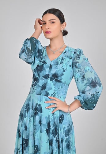 فستان شيفون مشجر طويل بورود ثلاثية الابعاد