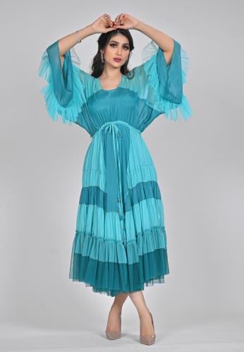 فستان ميدي ناعم اورجانزا وتل مع ربطة بالخصر