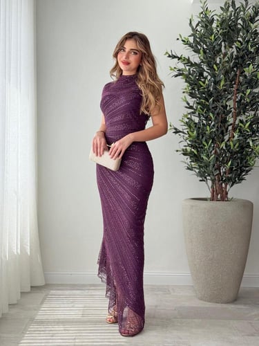 فستان سهرة ترتر وشك لون موف فاخرة أنيق