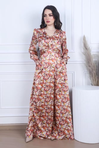 فستان طويل قماش ستان ناعم بتشجيرة