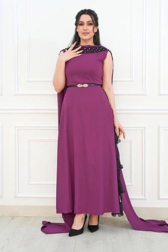 فستان سهرة طويل قماش كريب مع وشاح