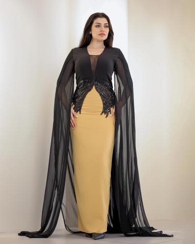 فستان سهرة طويل بكاب شيفون وتطريز بالخصر