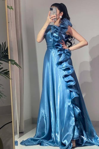 فستان سهرة درابيه قماش حرير لون ازرق