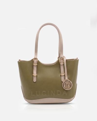Women's olive green handbag with beige details and an adjustable shoulder strap