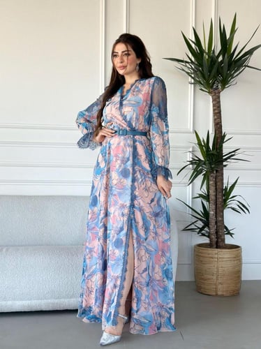 فستان طويل لف قماش شيفون مشجر اكمام طويله وبالكتف...