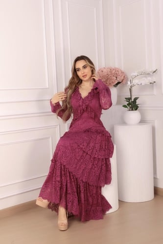 فستان طويل دانتيل اكمام طويل لون موف