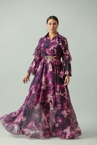 فستان شيفون طويل لون موف أكمام طويله بحزام