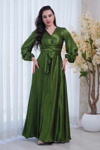 فستان ناعم طويل لون اخضر ستان حرير مكسر اكمام طويل...