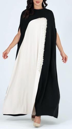فستان سهرة طويل قماش كريب طايح اسود مع ابيض مزين ب...