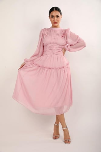 فستان ميدي لون زهري باكمام طويلة قماش حرير لمعة