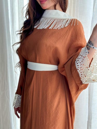 جلابية نسائي طويل لون بني مع حزام داخلي وفكرة غريب...