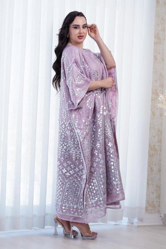 جلابية كويتية لون زهري قماش اورجانزا على ربطة بالخ...