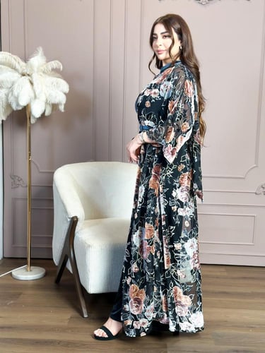 فستان سهرة مخمل رمادي بأكمام مفتوحة وقطعة شيفون من...