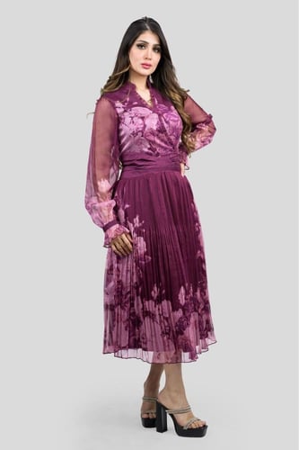 فستان ميدي شيفون مشجر اكمام طويلة