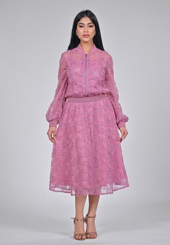 فستان ميدي قماش تل على زم بالخصر