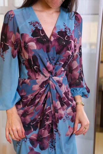 فستان مشجر طويل لون سماوي شيفون