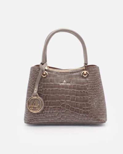 Women's handbag, gray leather with crocodile print