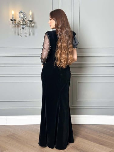 فستان سهرة مخمل درابية بكم شفاف مزين باللؤلؤ لإطلا...