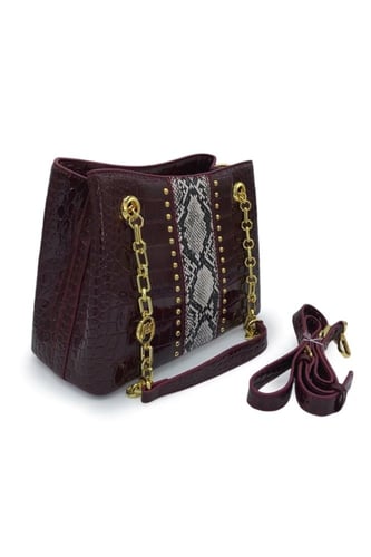 شنطة يد نسائية فاخرة عنابي مزينة بنقشة واكسسوار ذه...