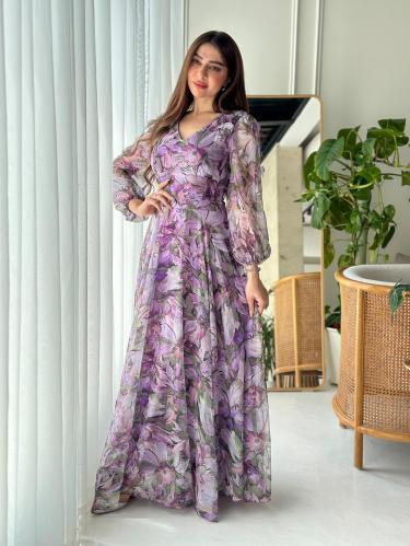 فستان شيفون مشجر اكمام طويلة على رسمات ورد ثلاثي ا...