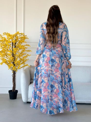 فستان شيفون طويل مشجر مورد بدرجه الوان متداخلة اكم...