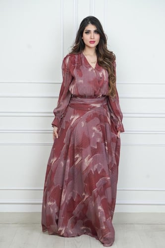 فستان شيفون مشجر طويل بإكسسوار بالكتف