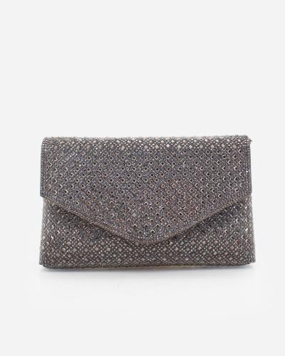Women's gray evening bag studded with rhinestones