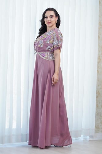 جلابية سهرة زهري شيفون مزينة بشك وترتر يدوي