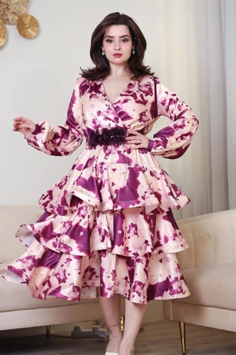 فستان لف مشجر طبقات اكمام طويلة قماش حرير