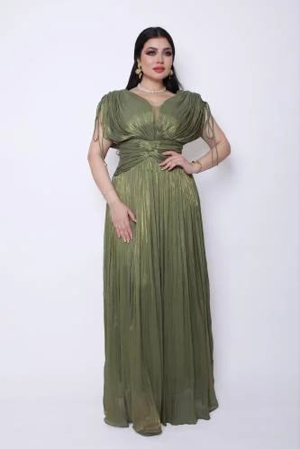 Organza evening dress with draping and wide sleeves, olive green