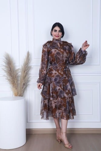 فستان مشجر شيفون لون بني