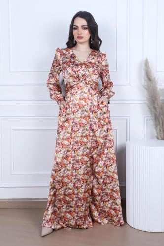 فستان طويل قماش ستان ناعم بتشجيرة