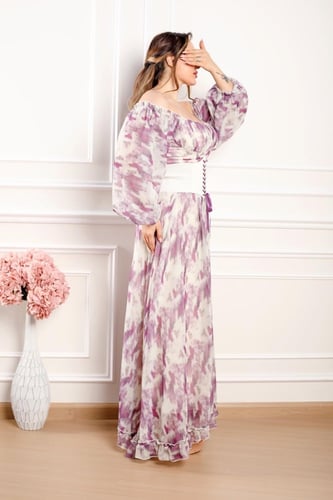 فستان للعيد مشجر بفتحة جانبيه على حزام عريض