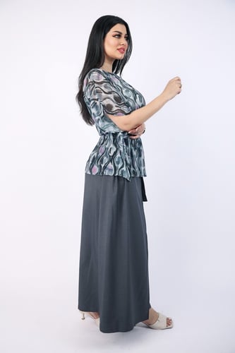 بلوزة واسعة شيفون مشجر بأكمام قصيرة مفتوحة