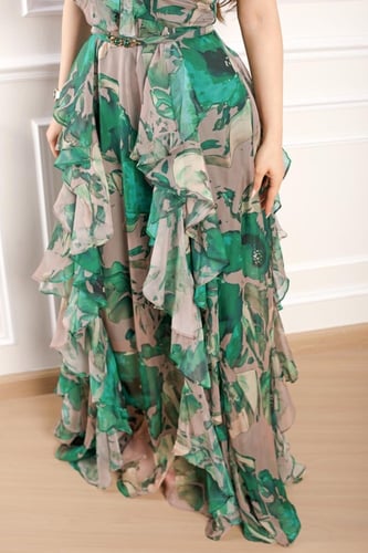 فستان خامة شيفون حرير لو اخضر درابية اوف شولدر