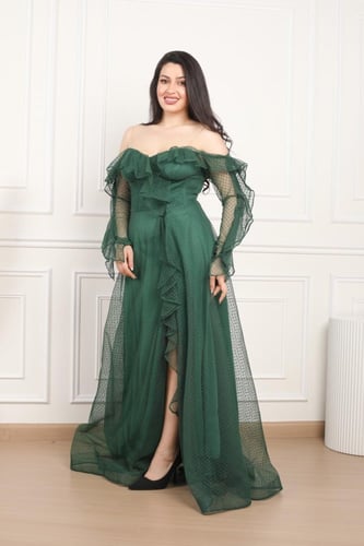 فستان ناعم سهره قماش تل منقط لون اخضر غامق