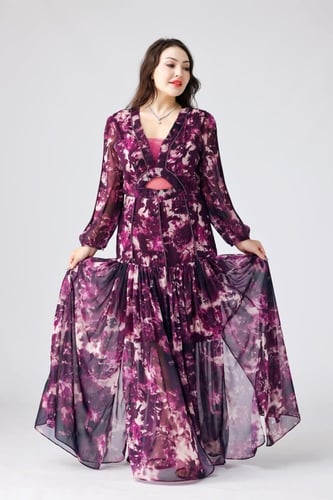 فستان سهرة شيفون مشجر مع خطوط كرستال وكسرات من الأ...