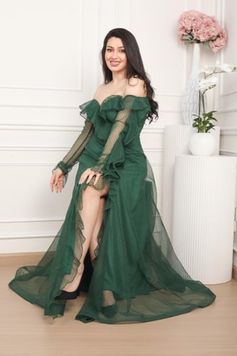 فستان ناعم سهره قماش تل منقط لون اخضر غامق