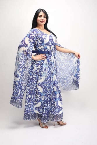 فستان مشجر ازرق اكمام طويله