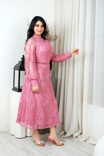 فستان مكسي اكمام طويله لون زهري