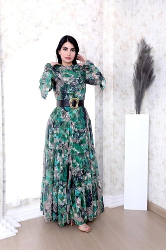 فستان درابية شيفون مشجر برسمات اكمام طويلة وحزام