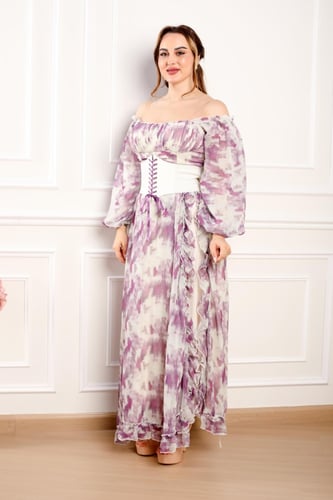 فستان للعيد مشجر بفتحة جانبيه على حزام عريض