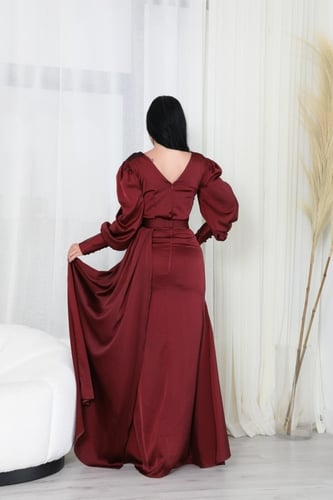 أوبرا فستان سهرة نسائي طويل ساتان مع تطريز على الص...