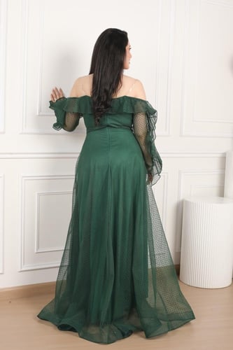 فستان ناعم سهره قماش تل منقط لون اخضر غامق