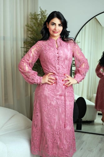 فستان مكسي اكمام طويله لون زهري