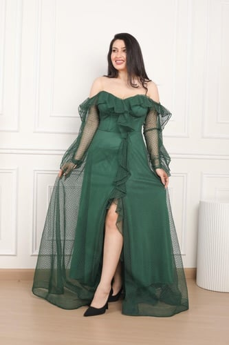 فستان ناعم سهره قماش تل منقط لون اخضر غامق